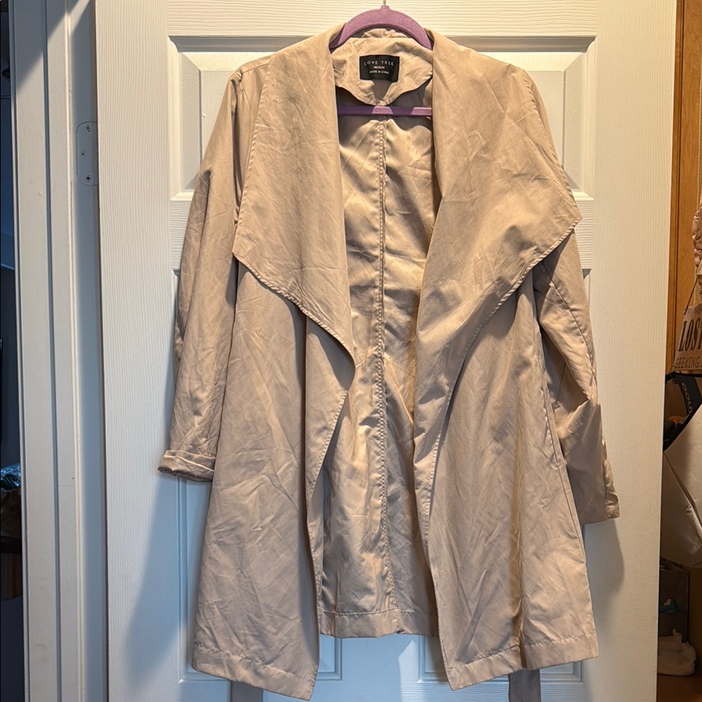 Tan Trench Coat with Draped Open-Front Design